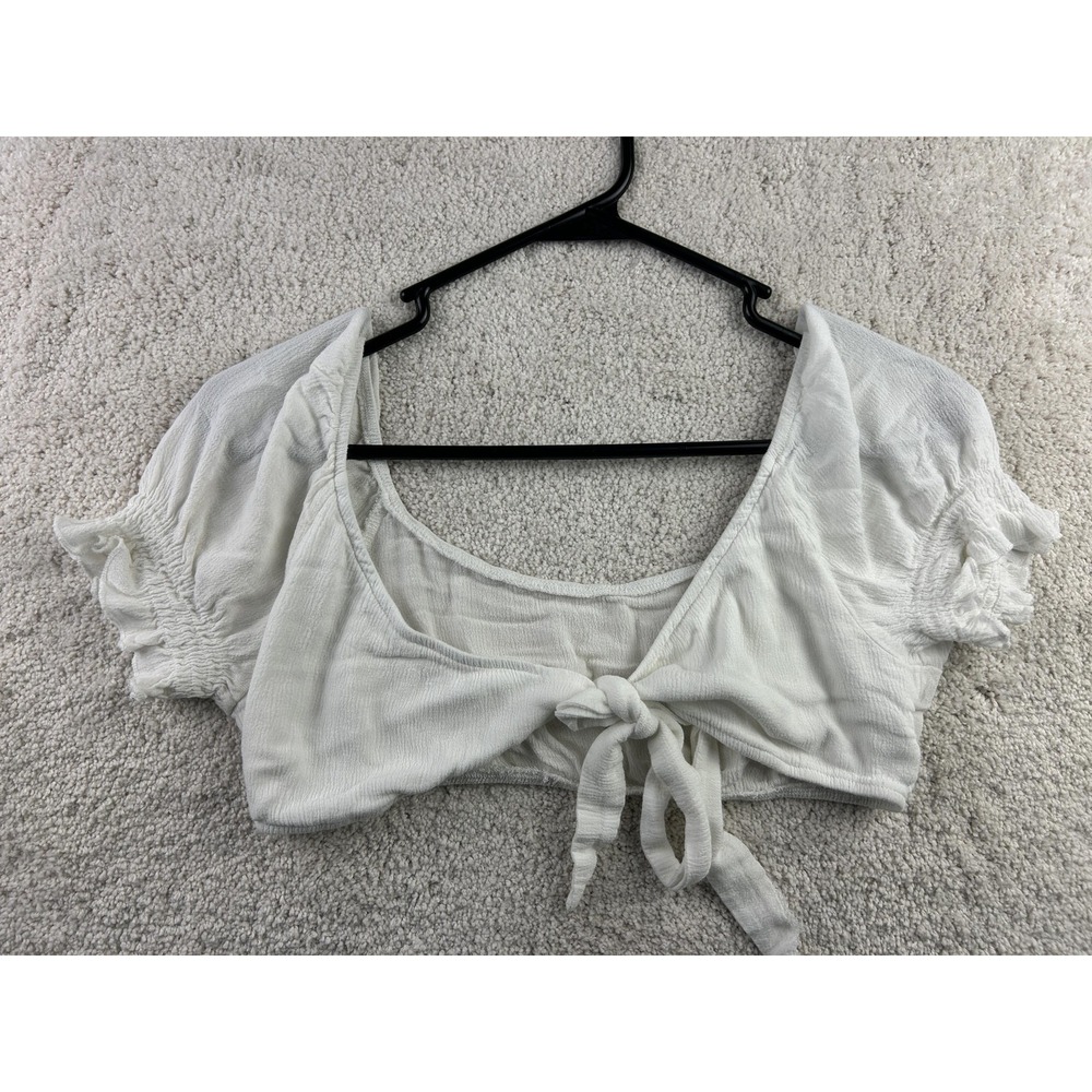 Shein Shirt Womens XL White Tie Front Crop Top Puff Sleeve Peasant‎ Blouse Boho